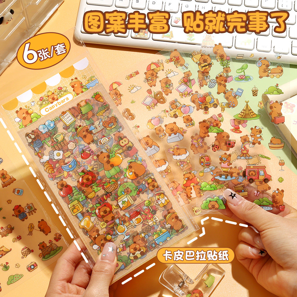 Creative Cute Capybara Stickers 6 Pieces Children's DIY Capybara Material PET Cartoon Decoration Sticker Gift