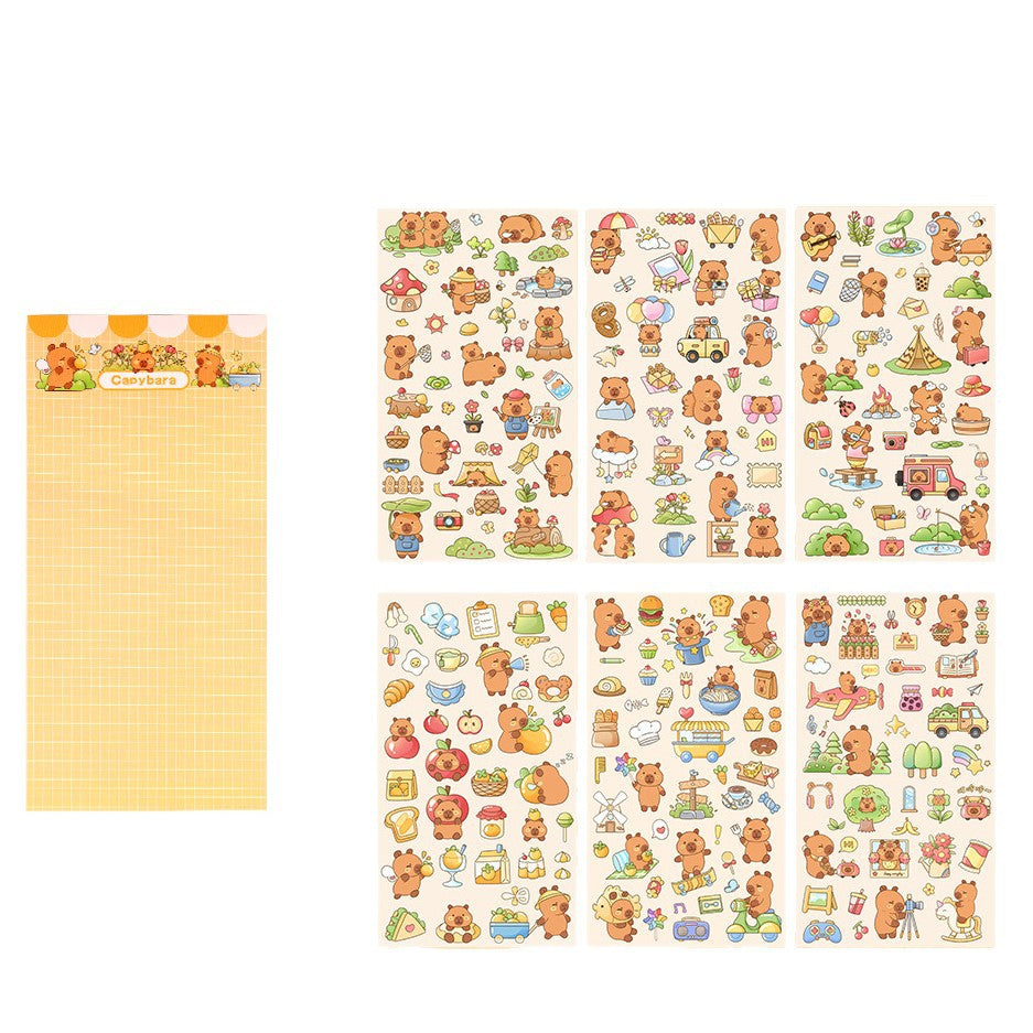 Creative Cute Capybara Stickers 6 Pieces Children's DIY Capybara Material PET Cartoon Decoration Sticker Gift