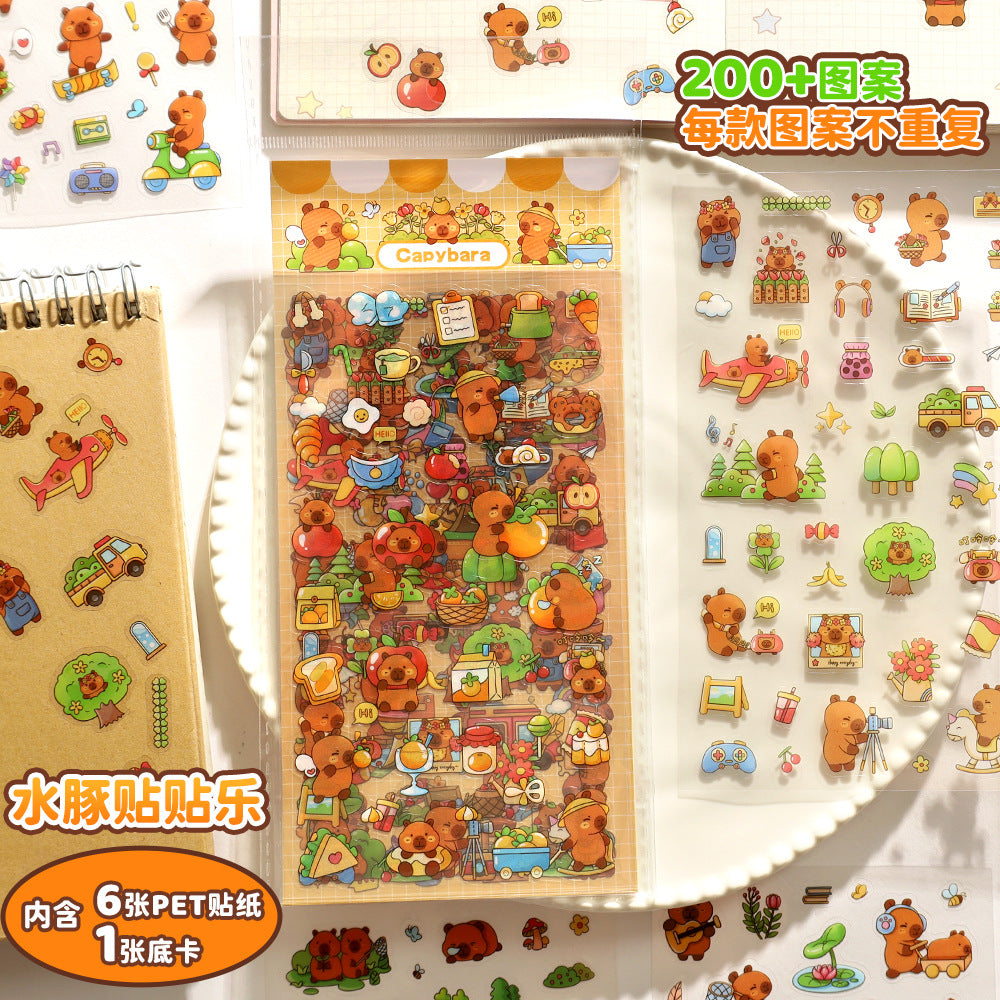 Creative Cute Capybara Stickers 6 Pieces Children's DIY Capybara Material PET Cartoon Decoration Sticker Gift